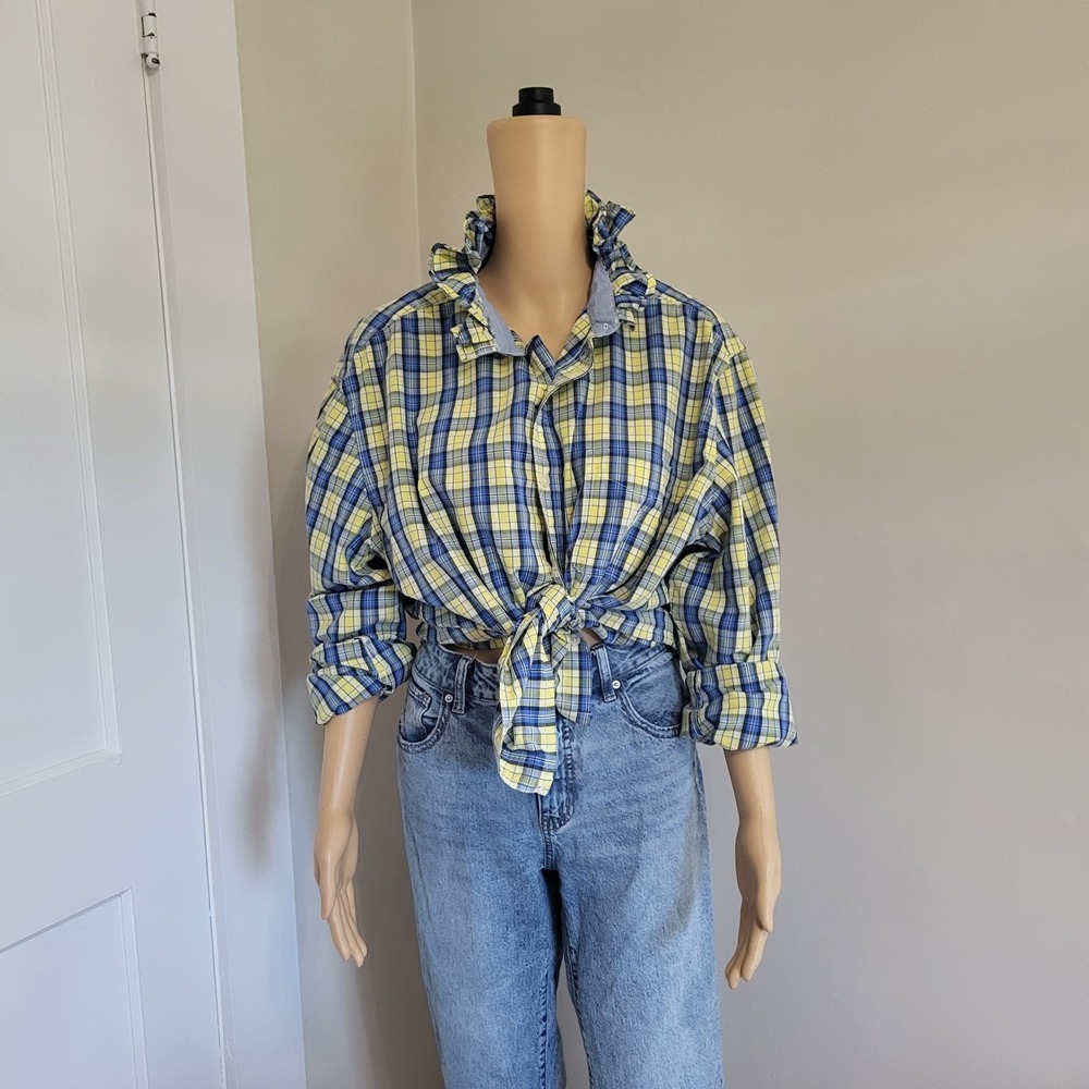 Viral Reworked Upcycled Chaps Ruffle Collar Shirt Long Sleeve Size XL